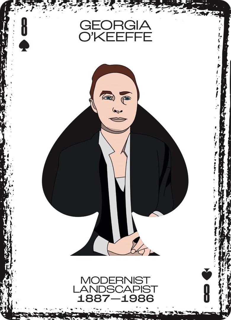 Eight of spades Artist playing card with an illustrated portrait of Georgia O'Keeffe