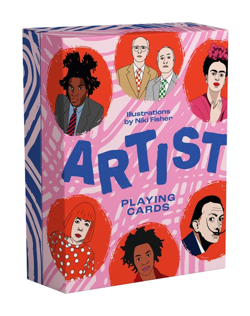 Front of the pink Artist playing cards box, illustrations by Niki Fisher, shown straight on