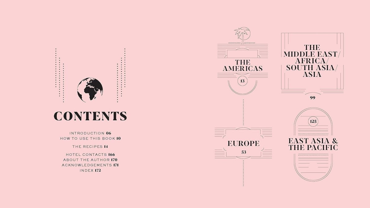 Pink contents spread from Behind the Bar with a globe icon and chapters for the Americas, Europe and Asia