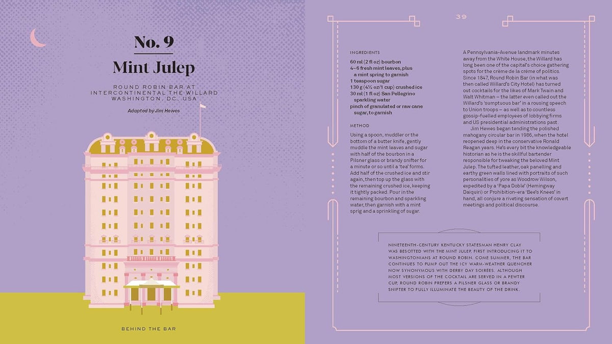 Behind the Bar spread for the Mint Julep with a pink hotel illustration and recipe text on lavender pages
