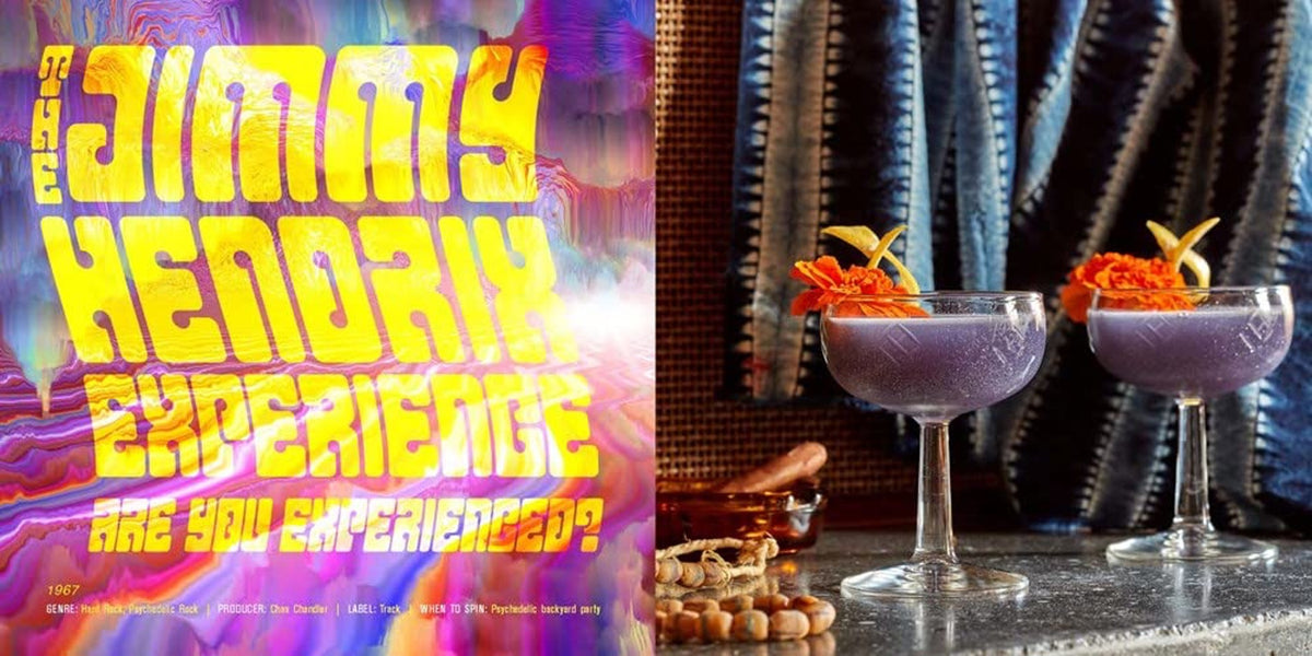 Book spread pairing a psychedelic Jimi Hendrix Experience album page with two purple coupe cocktails