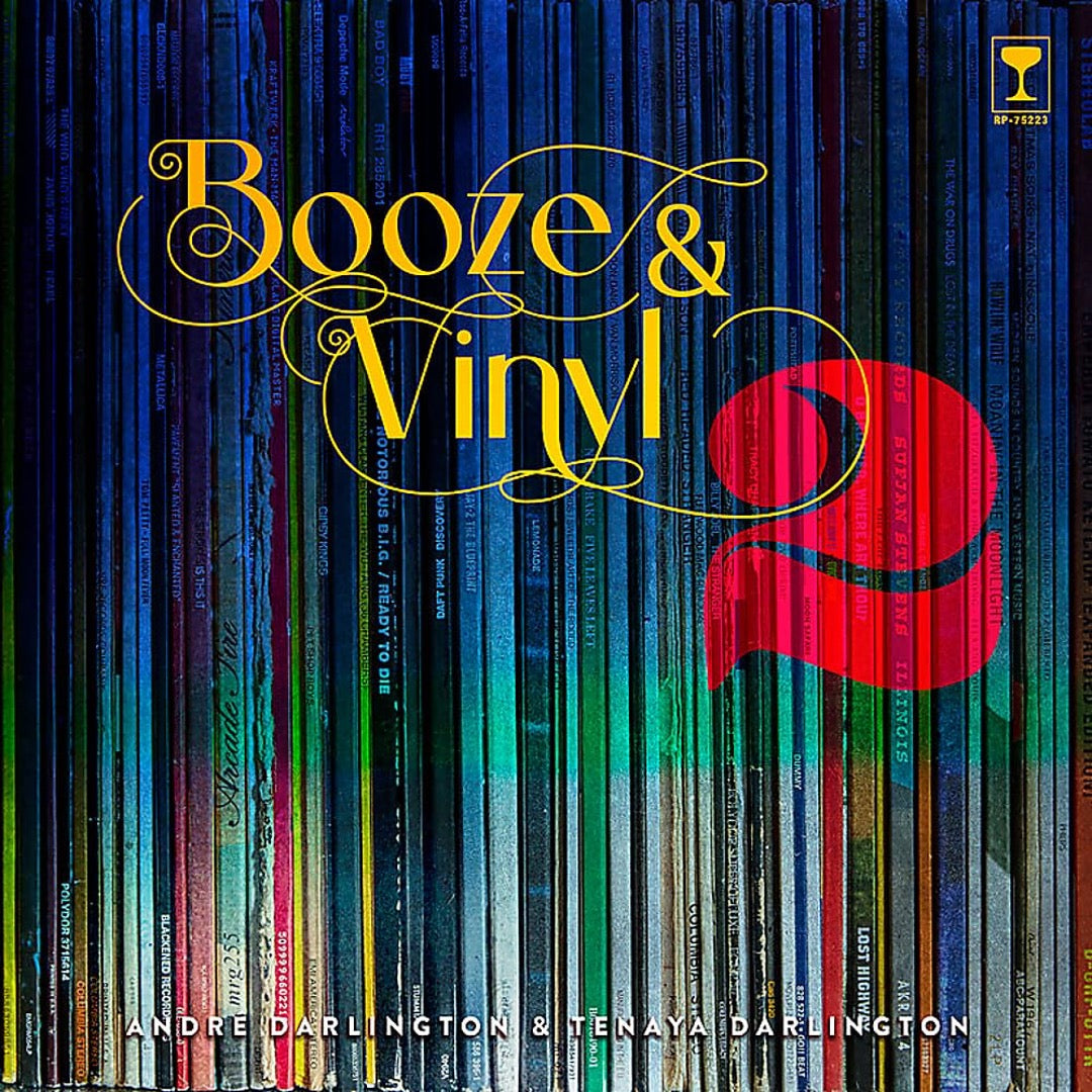 Booze & Vinyl 2 book cover with gold script title and a red 2 over rows of colorful record spines