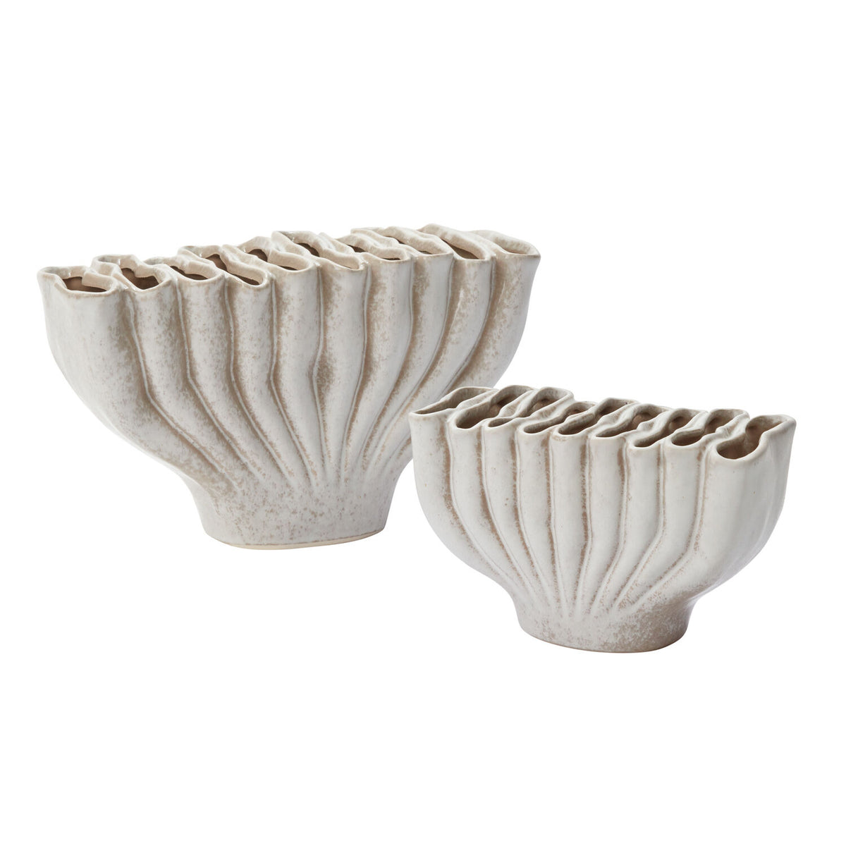 Two Clymene vases in warm white reactive glaze with fluted, fan-shaped bodies and slit openings