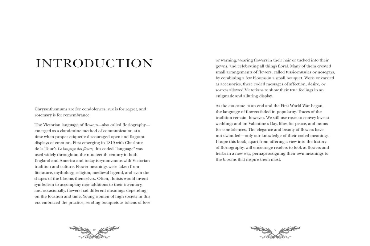 Open Floriography spread showing the Introduction page in serif type with small leaf ornaments