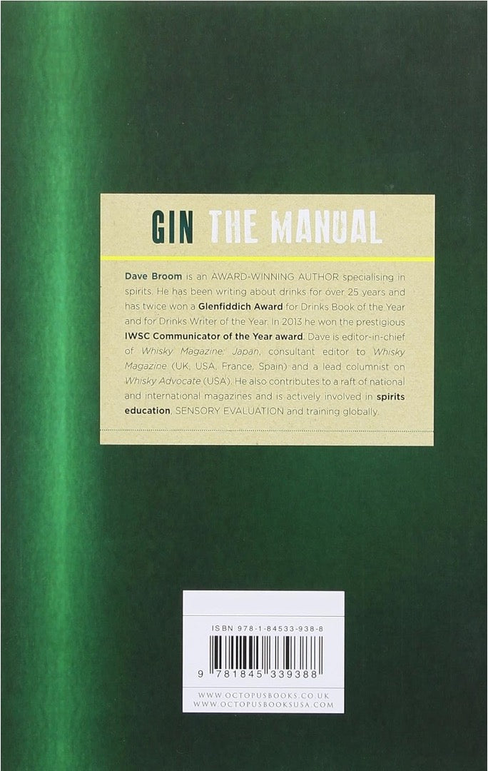Back cover of Gin: The Manual, green with a kraft panel of Dave Broom's author bio and a barcode
