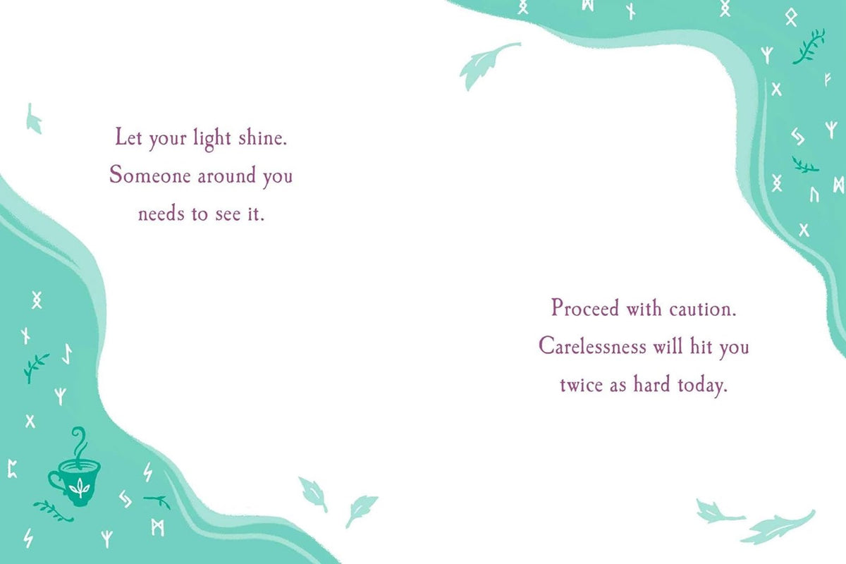 Instant Fortune-Teller pages reading Let your light shine and Proceed with caution on teal and white