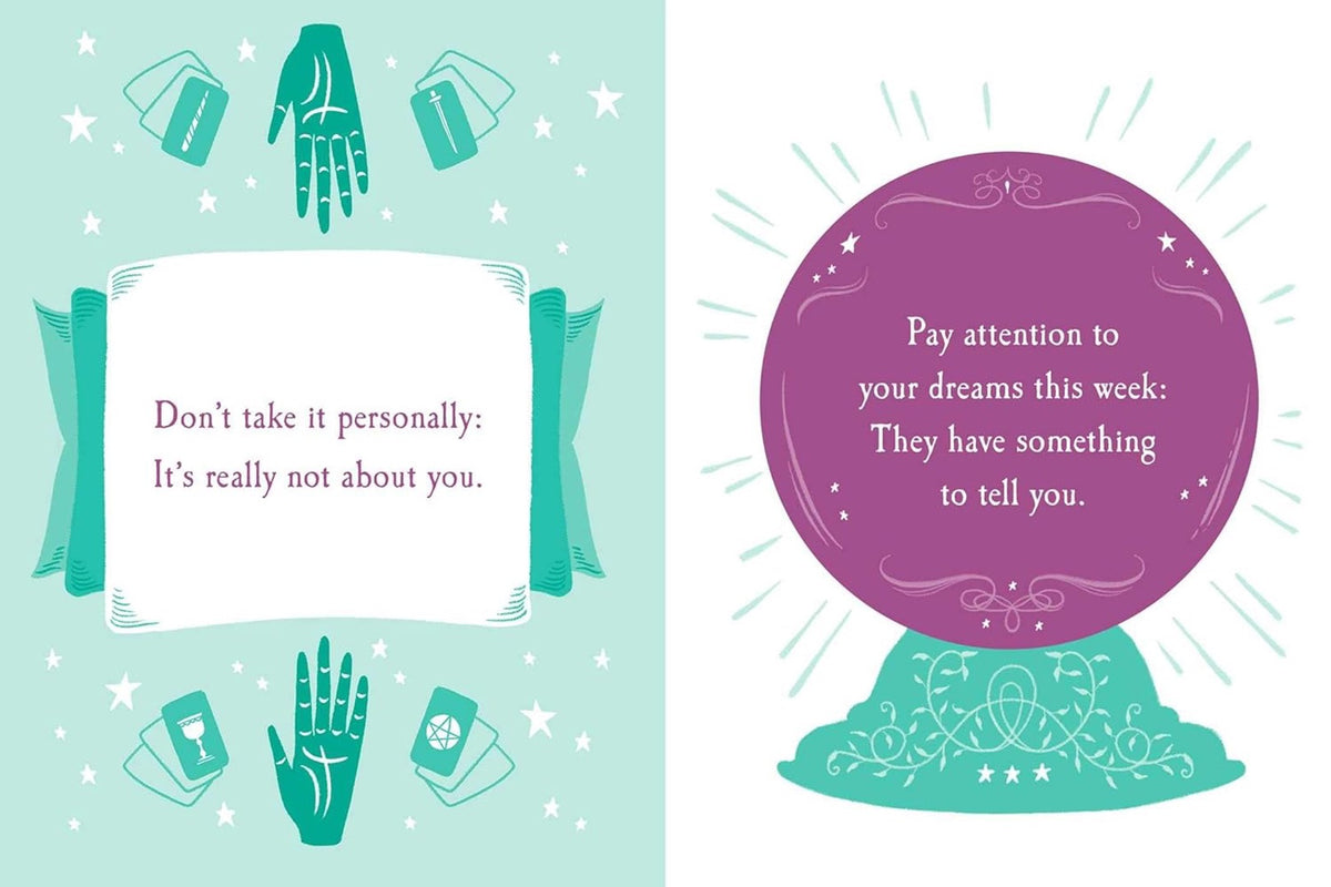 Instant Fortune-Teller spread with a tarot-hand page and a crystal ball page about paying attention to dreams