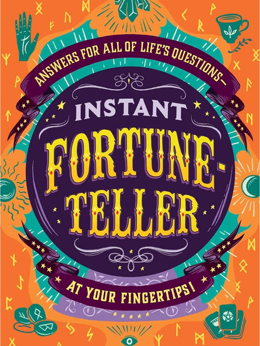 Close-up of the Instant Fortune-Teller cover showing the crystal ball title, runes, a palm and tarot cards