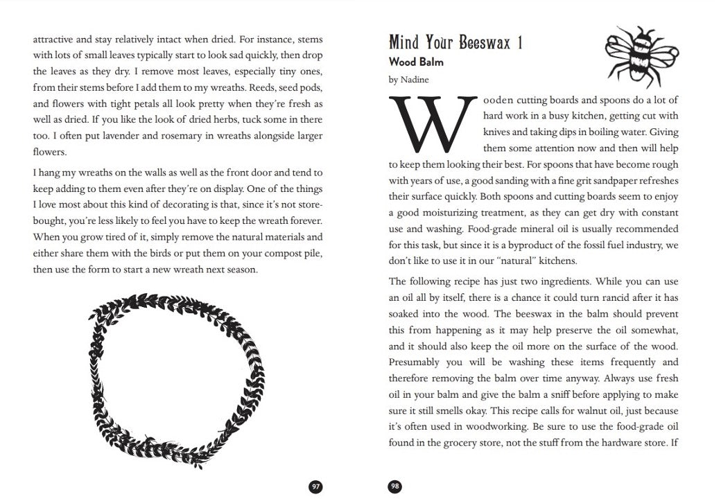 Kitchen Witch pages with a wreath illustration and a Mind Your Beeswax wood balm recipe