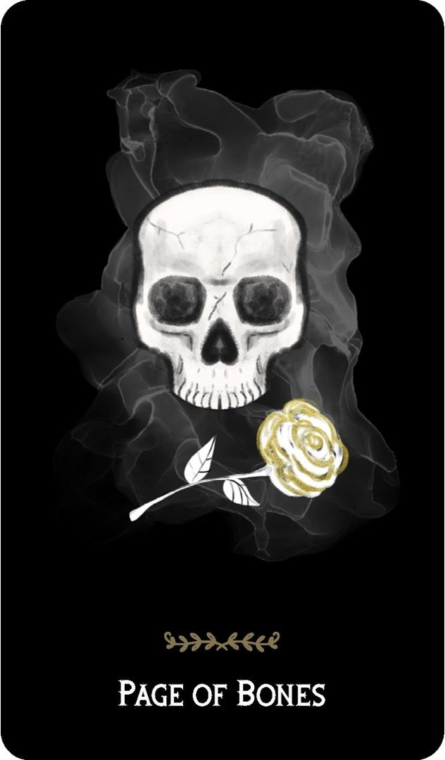 Macabre Tarot Page of Bones card showing a white skull in gray smoke with a gold rose on black