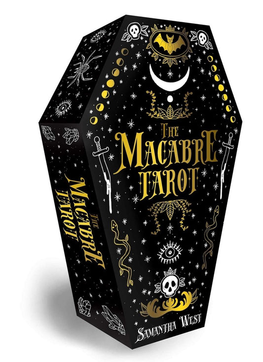 Close view of the Macabre Tarot coffin box by Samantha West, with gold and white starry illustrations