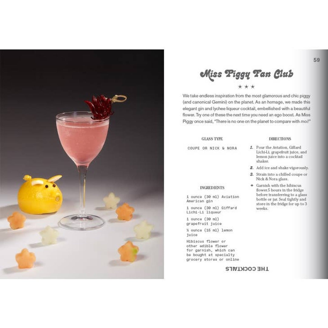 Book spread with the Miss Piggy Fan Club recipe beside a photo of a pink cocktail with a flower garnish