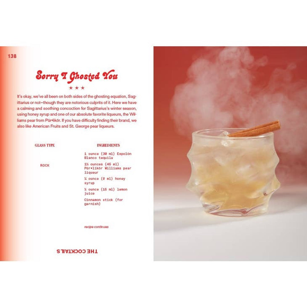 Book spread with the Sorry I Ghosted You recipe beside a photo of a cocktail with a cinnamon stick