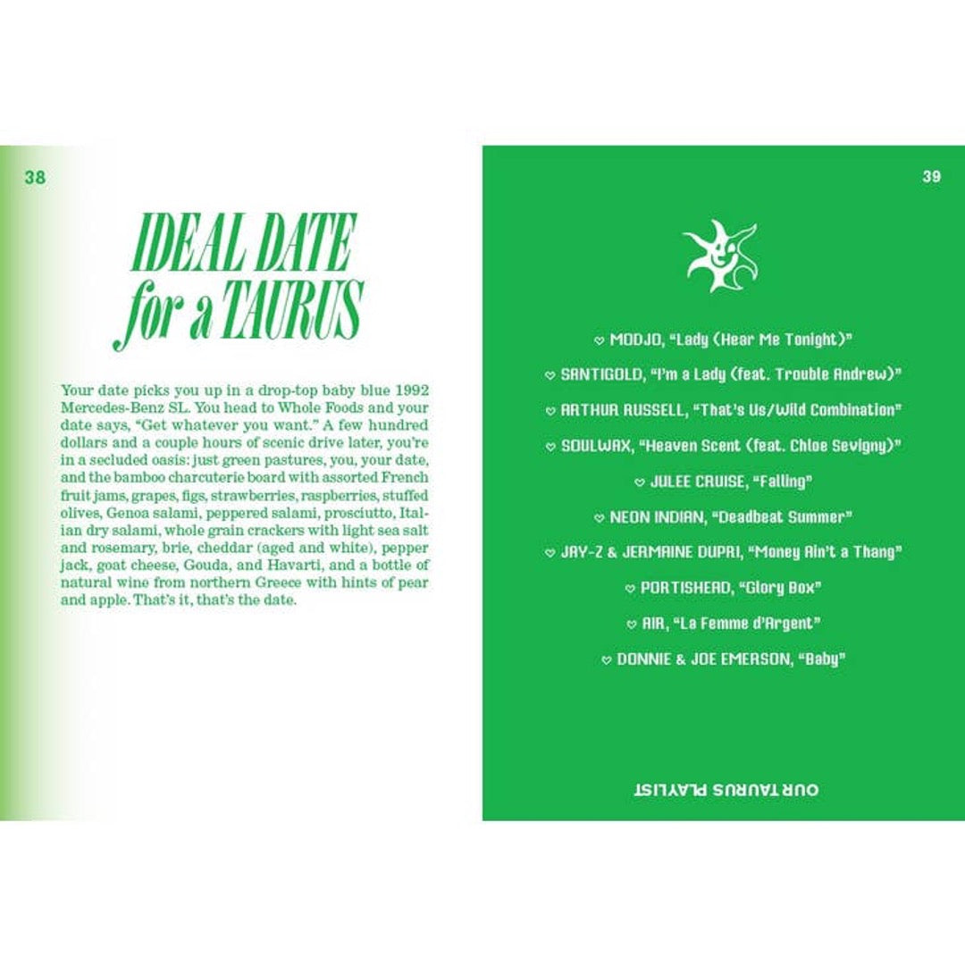 Book spread titled Ideal Date for a Taurus opposite a green page listing a Taurus playlist