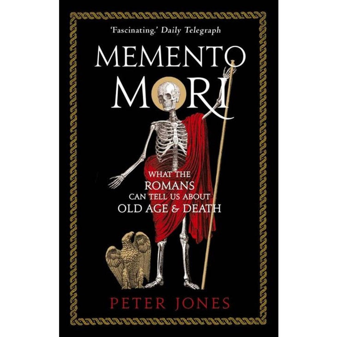 Memento Mori by Peter Jones cover, a skeleton in a red Roman toga holding a staff beside an eagle on black