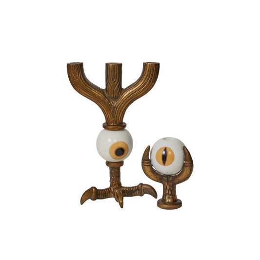 Metal bird claw candelabra with hand painted eyeball.