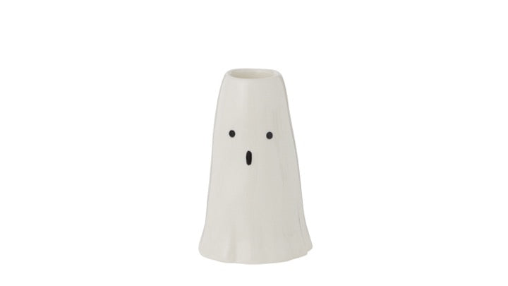 Short Phantom candleholder, white ceramic ghost with black dot eyes and a small open mouth