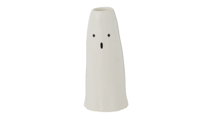 Tall Phantom candleholder, slender white ceramic ghost with a surprised black-dot face
