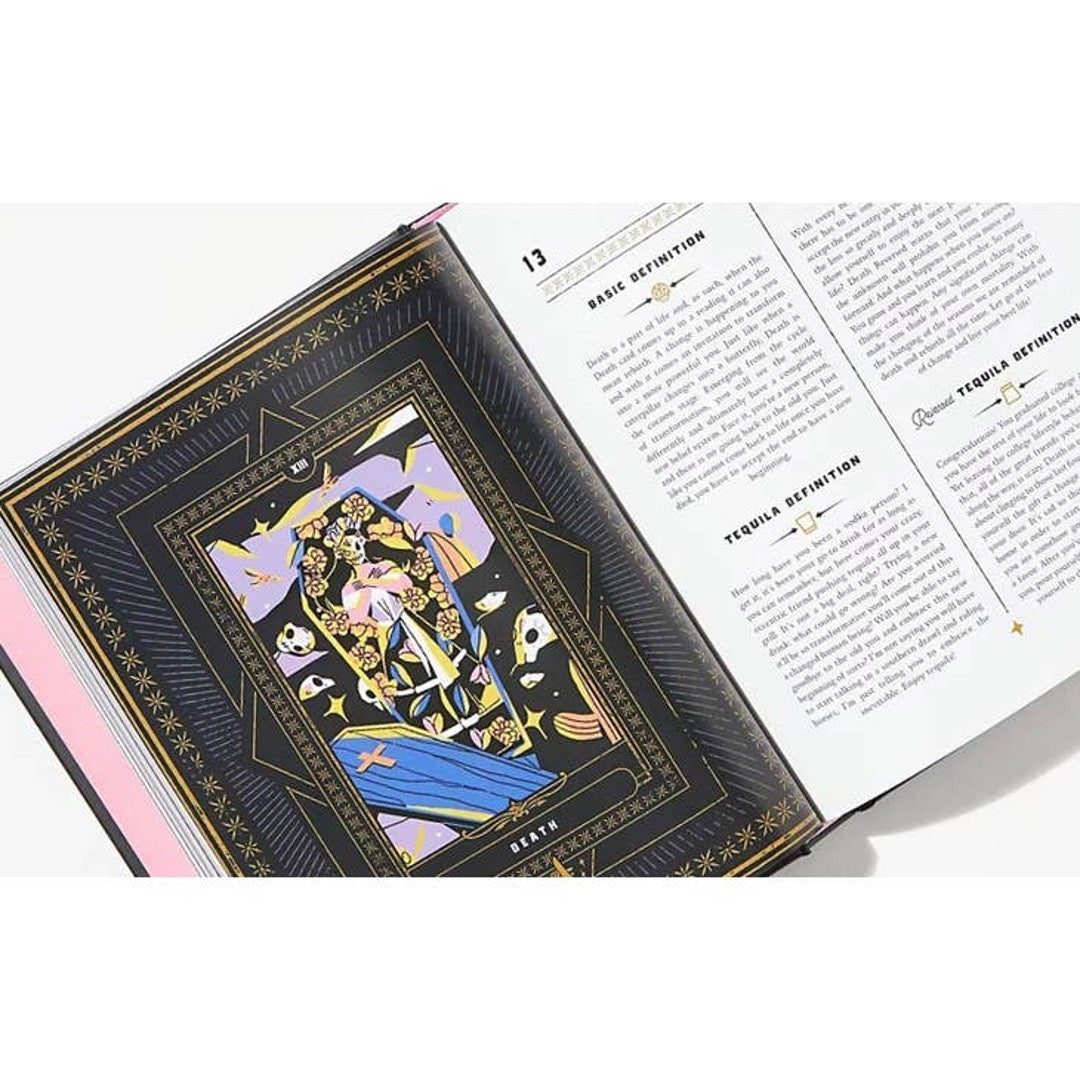 Open book showing an illustrated Death card in purple and gold beside its basic and tequila definitions