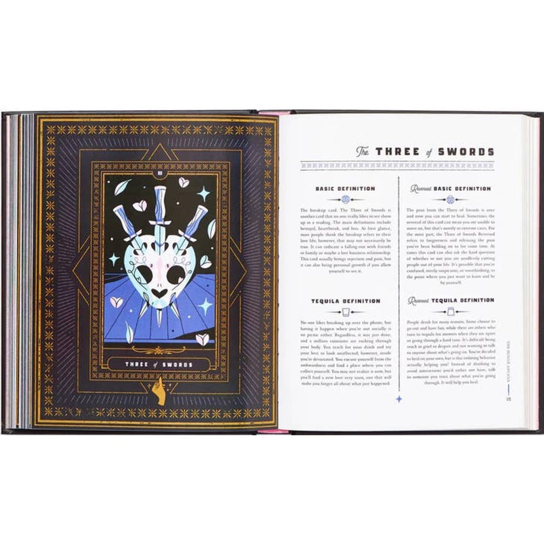 Open spread with the Three of Swords card art, a masked heart pierced by swords, and definition text