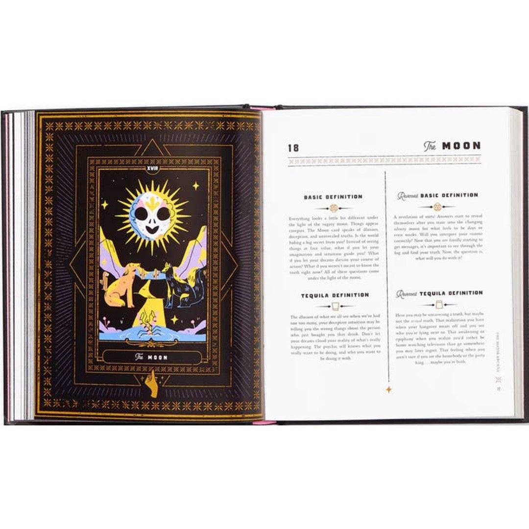 Open spread with The Moon card art, a skull-faced moon over two dogs, and its card definitions