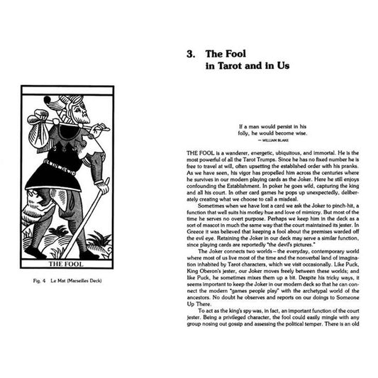 Book page spread with a black and white Fool tarot card and the chapter The Fool in Tarot and in Us