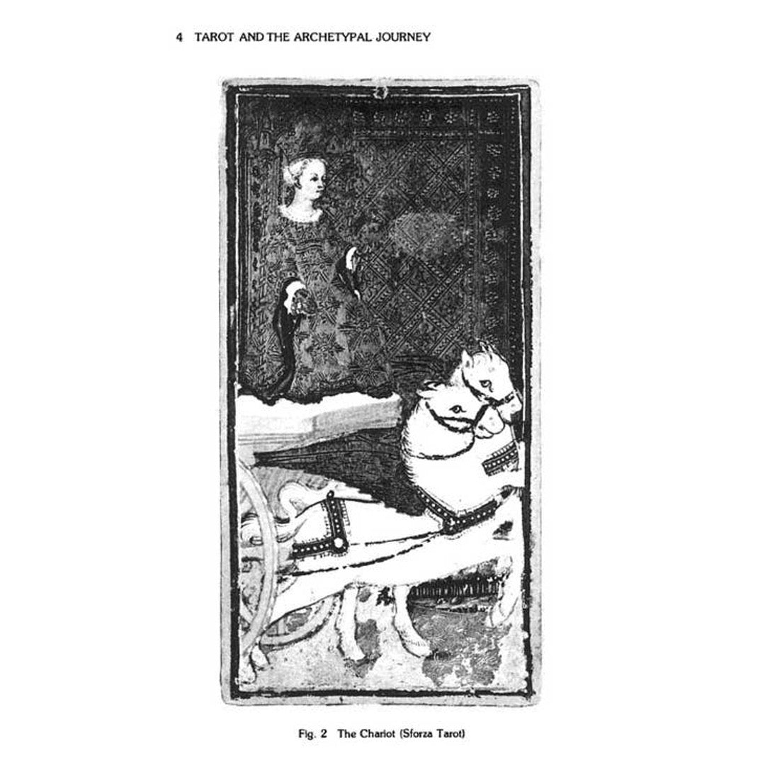 Book page showing a black and white image of The Chariot card from the Sforza Tarot