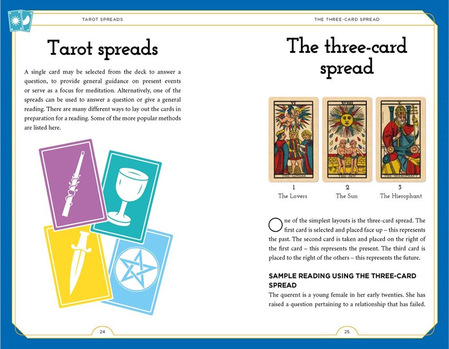 Tarot guidebook spread on the three-card spread, showing the Lovers, the Sun and the Hierophant cards