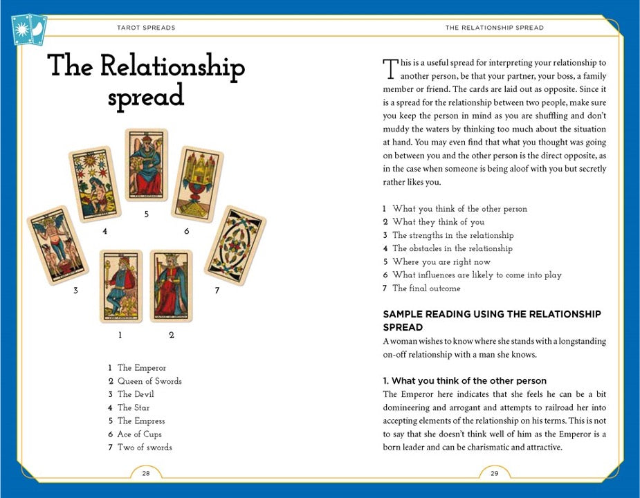 Tarot guidebook spread on the relationship spread, with seven Marseilles cards laid out and numbered