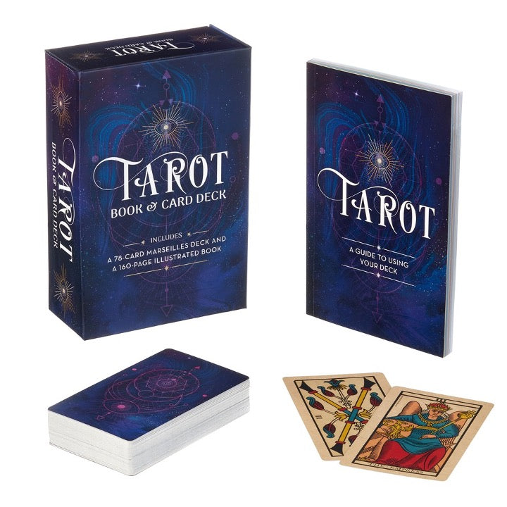 Tarot Book & Card Deck set with its navy box, guidebook, stacked deck and two Marseilles-style cards