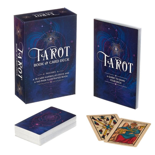 Tarot Book & Card Deck set with its navy box, guidebook, stacked deck and two Marseilles-style cards