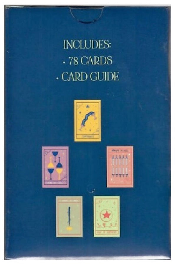 Back of The Star tarot box listing 78 cards and card guide with five sample card illustrations
