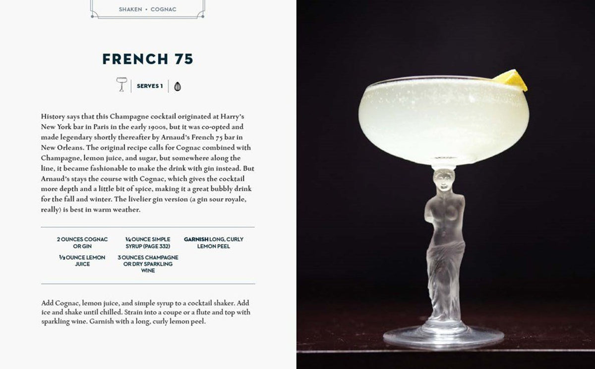 Essential Cocktail Book spread with the French 75 recipe and a photo of the drink in a coupe