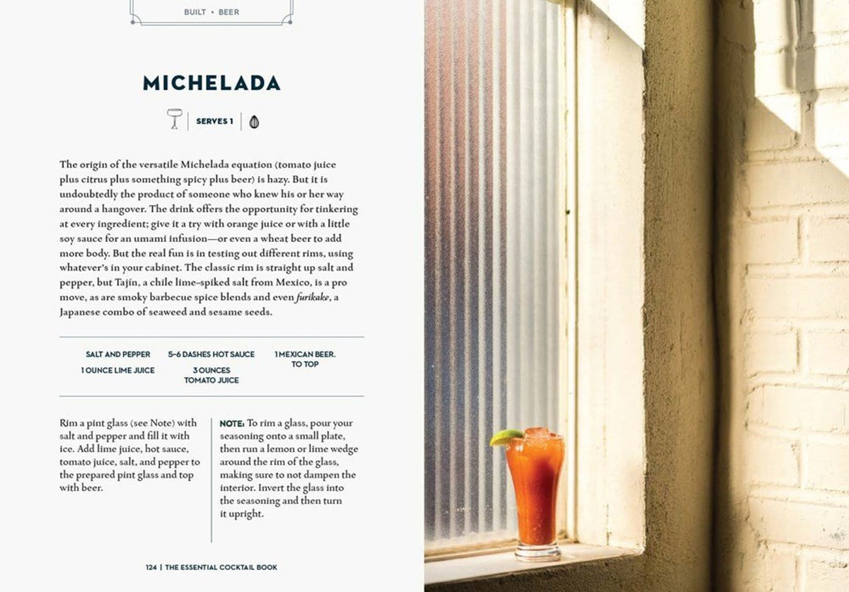 Essential Cocktail Book spread with the Michelada recipe and a photo of the drink on a windowsill