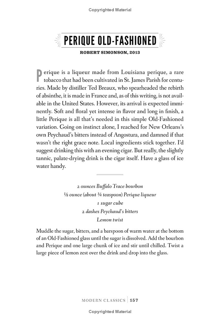 Interior page of The Old-Fashioned with the Perique Old-Fashioned recipe and history