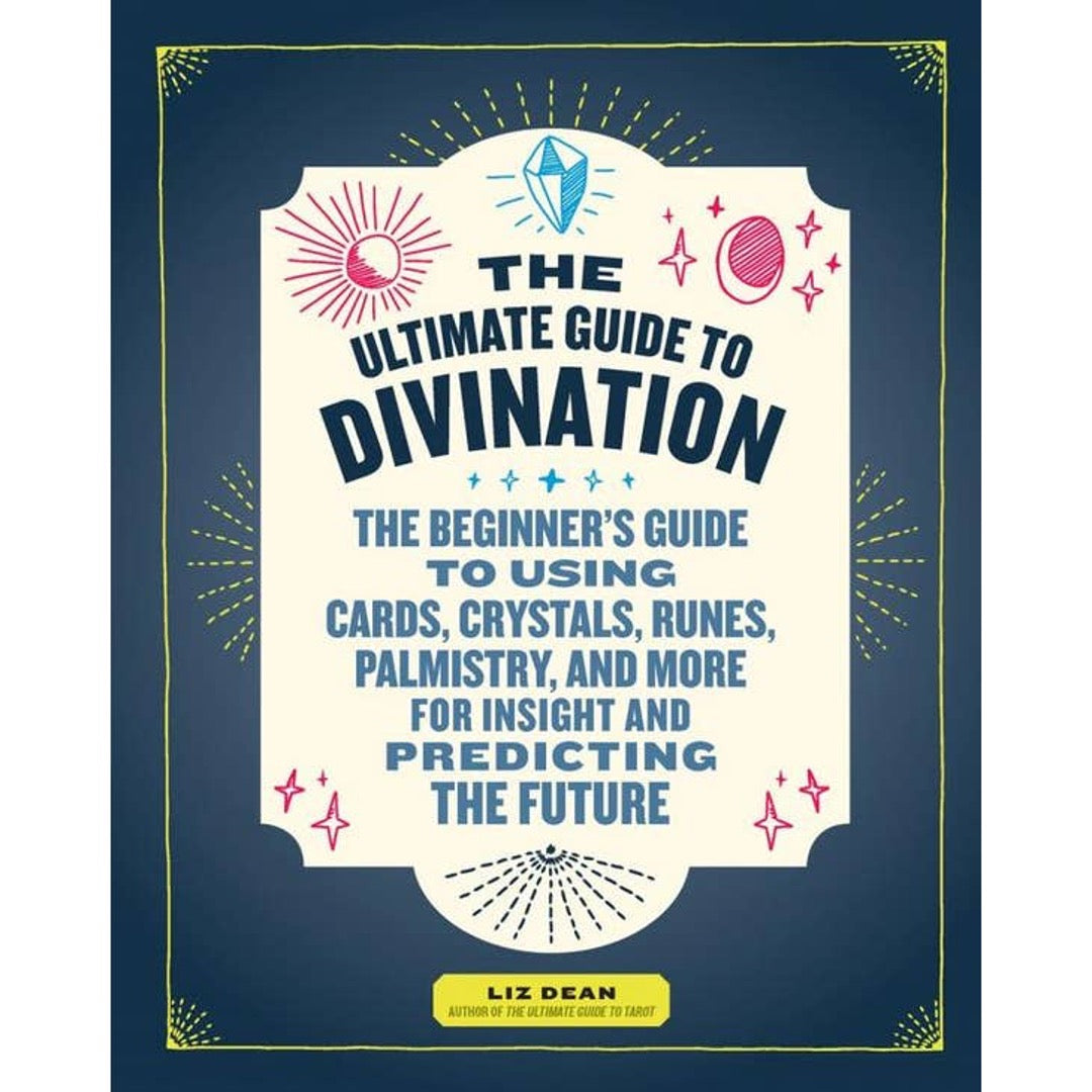 The Ultimate Guide to Divination book cover by Liz Dean, navy with crystal, moon and sparkle doodles