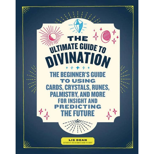The Ultimate Guide to Divination book cover by Liz Dean, navy with crystal, moon and sparkle doodles