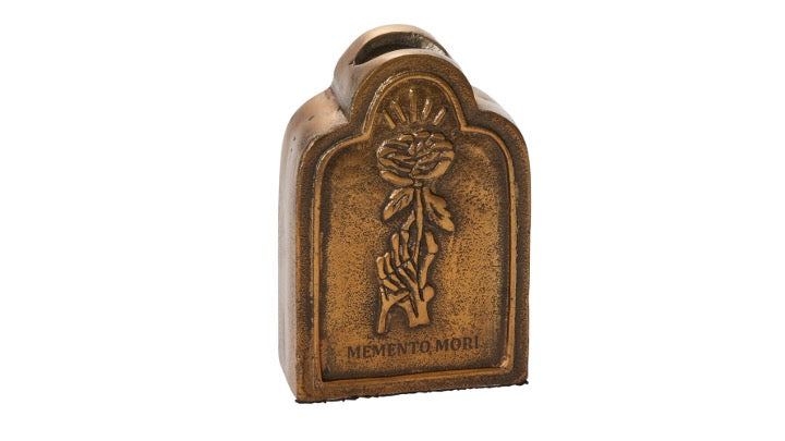 Taller Memento mori budvase in bronze tone with a raised skeleton hand holding a rose