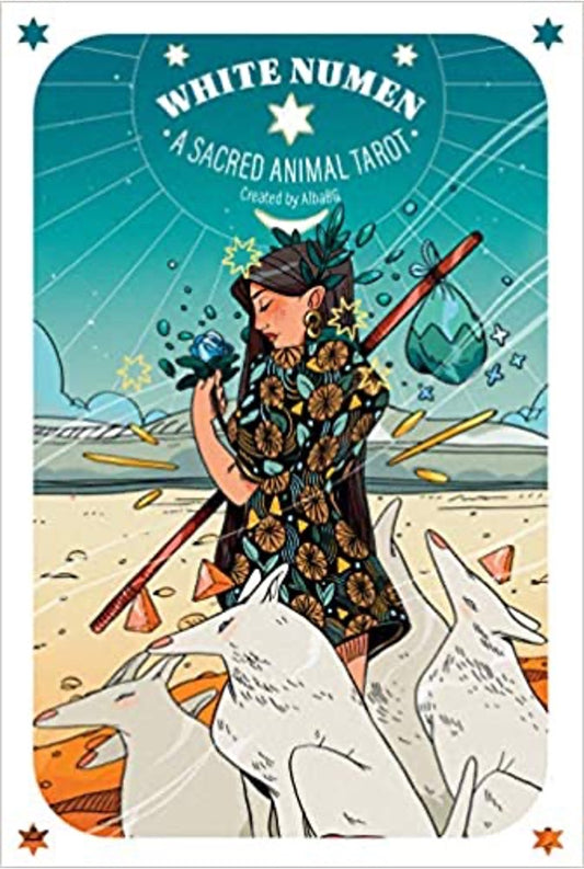 White Numen tarot box art close-up, created by AlbaBG, with a woman carrying a staff and bundle