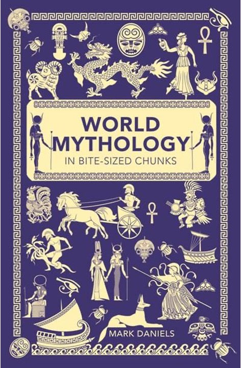 Full front cover of World Mythology showing a dragon, chariot, Egyptian gods and ships in cream on purple