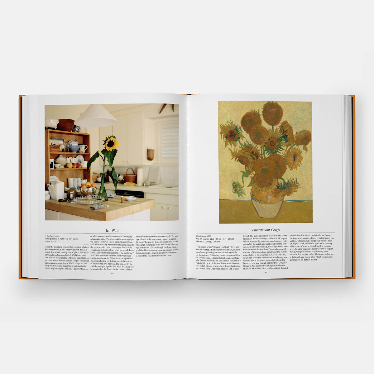 Open Flower book spread with a Jeff Wall kitchen photo beside Van Gogh's Sunflowers painting
