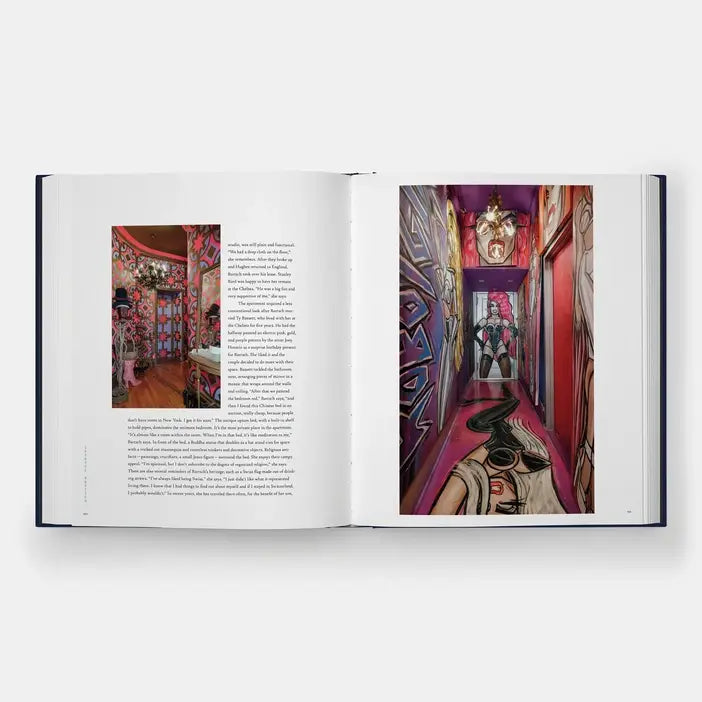 Hotel Chelsea book spread with a pink patterned room and a hallway covered in bold murals