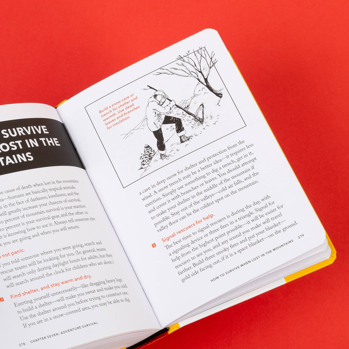 Handbook page with a drawing of a person digging a snow trench, from the lost in the mountains section