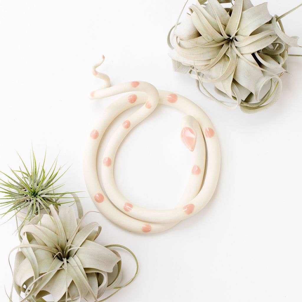 Coiled cream ceramic snake with pink spots, shown from above between air plants