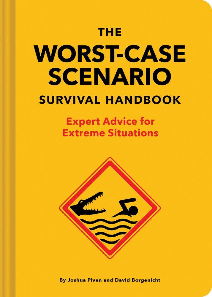 Close-up of the yellow Worst-Case Scenario Survival Handbook cover, Expert advice for extreme situations