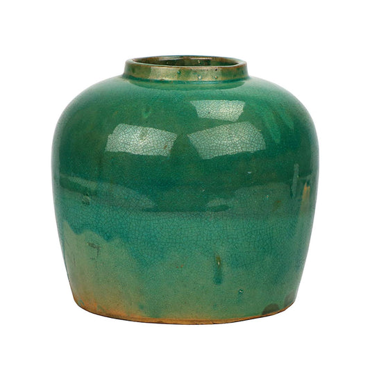 Dynasty ginger jar in green crackle glaze with a rounded body, short neck, and drip at the base