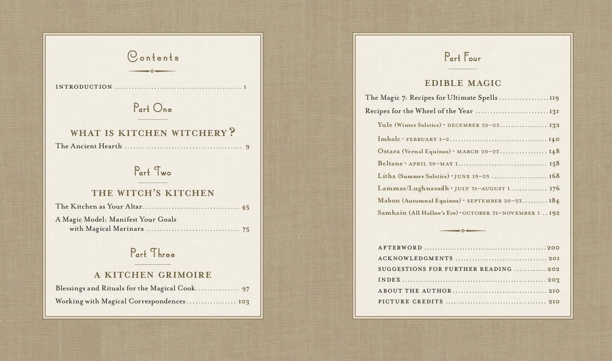 Wiccan Kitchen table of contents spread, listing parts from Kitchen Witchery to Edible Magic