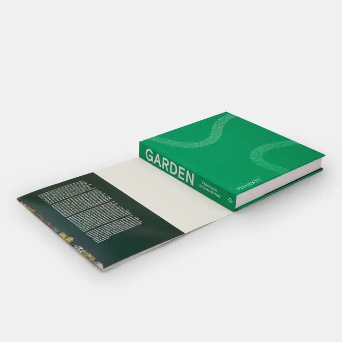 Garden book in green cloth beside its unfolded dust jacket lying open beneath it