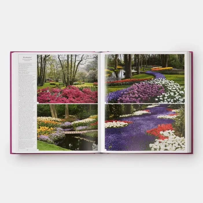 The Gardener's Garden spread showing rivers of purple, white and red tulips through a wooded park