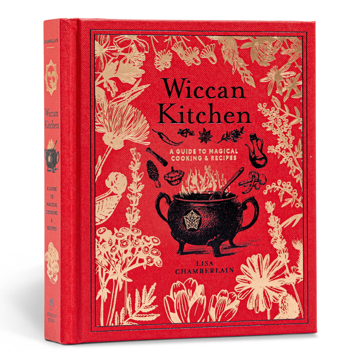 Wiccan Kitchen by Lisa Chamberlain, red cloth hardcover with gold botanicals, shown at an angle